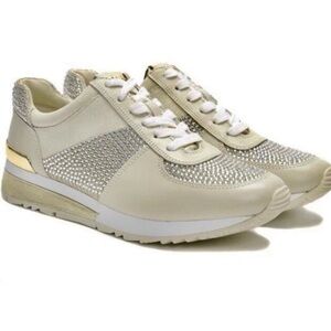 MICHAEL KORS Cream Glitter Allie Trainer Sneakers Rhinestone Fashion Shoes 8